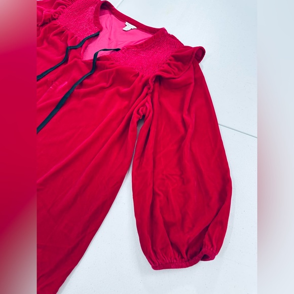 Cato Velvet Peasant Top Pink Ruffle Trim Smocked Neckline Black Tie Closure L - Picture 7 of 10